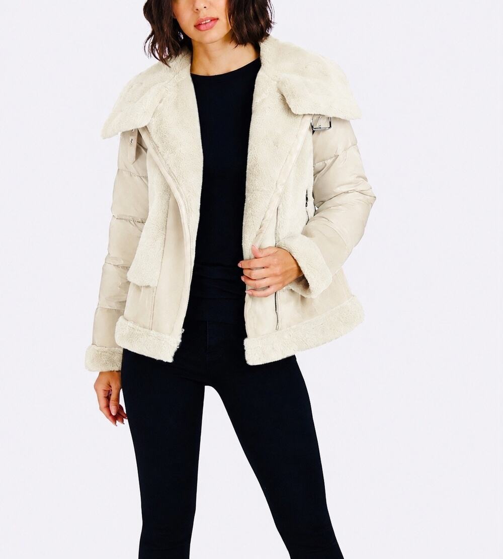 Tahari Saylor Faux Fur Faux Suede Quilted Puffer Moto Jacket Leche XL
